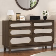Rattan Nightstand Bedside Table, Modern Side Table with 6 Drawers, Narrow Chests of Drawers, End Tables for Bedroom, Living Room