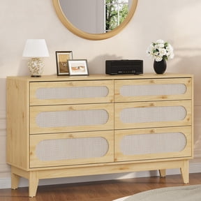 Rattan Nightstand Bedside Table, Modern Side Table with 6 Drawers, Narrow Chests of Drawers, End Tables for Bedroom, Living Room