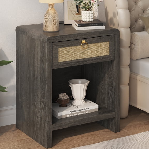 Rattan Nightstand Bedside Table, Nightstand with Charging Station, Boho End Table with Drawer and Storage Shelf, Wood End Tables Night Stand for Bedroom, Small Space, Grey Oak