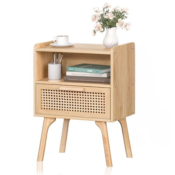 Rattan Nightstand, Boho Bedside Table Large Night Table with Drawer and Storage Shelf, Farmhouse End Side Table for Bedroom, Living Room 22.87" Tall, Natural Wood