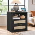 thumbnail image 1 of Rattan Nightstand, Boho Bedside Table with Open Shelf 2 Drawers, Rattan End Table Nightstand, Rattan Bedside Table with Charging Station, for Bedroom, Black, 1 of 9