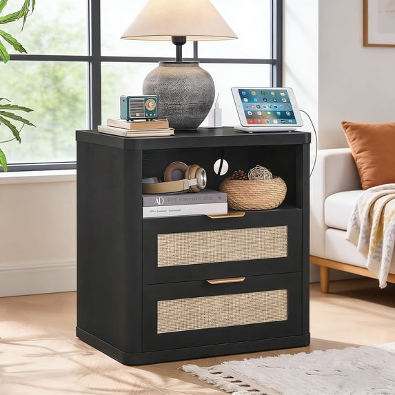 Rattan Nightstand, Boho Bedside Table with Open Shelf 2 Drawers, Rattan End Table Nightstand, Rattan Bedside Table with Charging Station, for Bedroom, Black