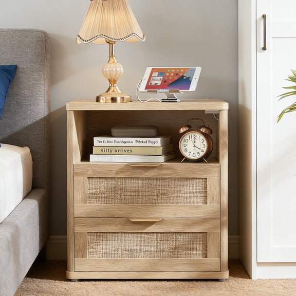 Rattan Nightstand, Boho Bedside Table with Open Shelf 2 Drawers, Rattan End Table Nightstand, Rattan Bedside Table with Charging Station, for Bedroom, Natural Oak