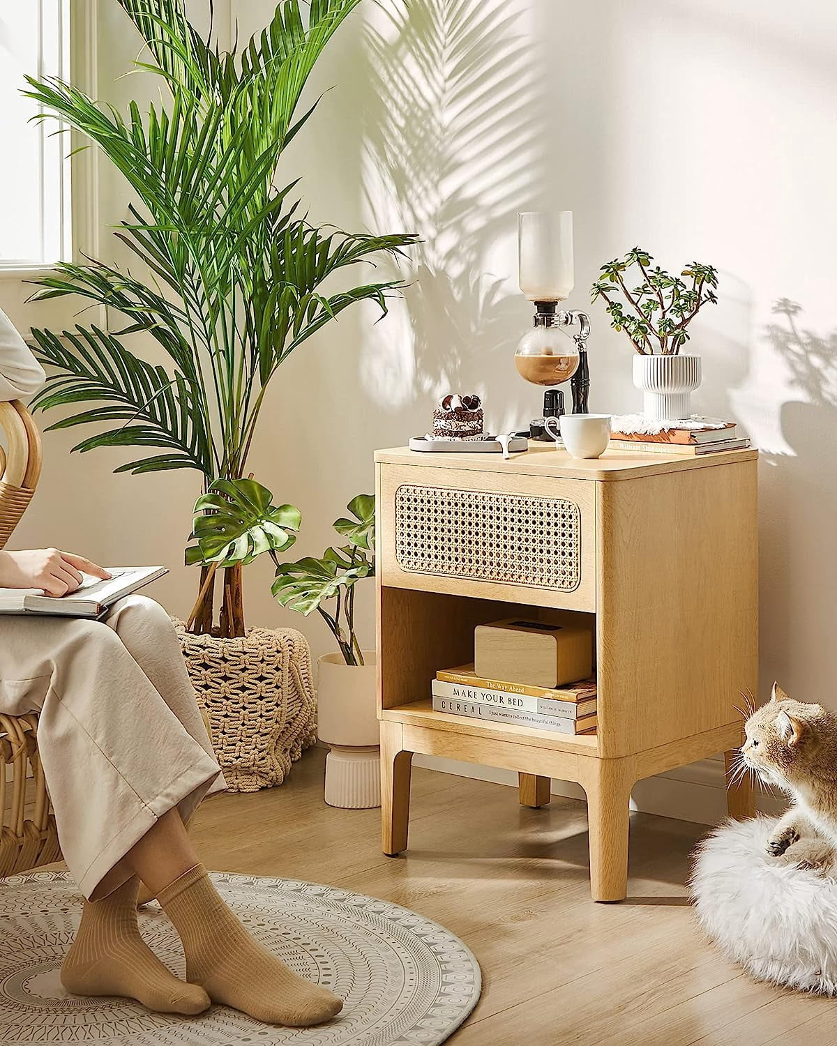 Rattan Nightstand, Boho Bedside Table with Drawer, Cane End Table ...