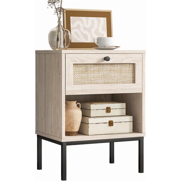Rattan Nightstand, Boho Bedside Table with Pull-Out Drawer & Open Shelf, Wooden Side End Table with Metal Legs for Bedroom, Oak