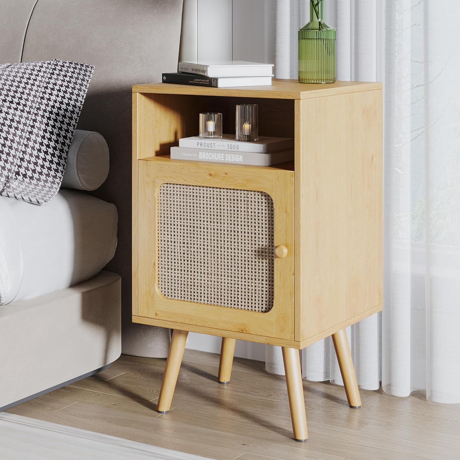 Rattan Nightstand, Boho Bedside Tables with Solid Wood Feet, Mid ...