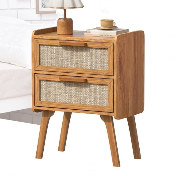 Rattan Nightstand, Boho End Table with 2 Drawers Bedroom Bedside Side Tables Brown Night Stand for Living Room, Bedroom, Dorm Room Essentials