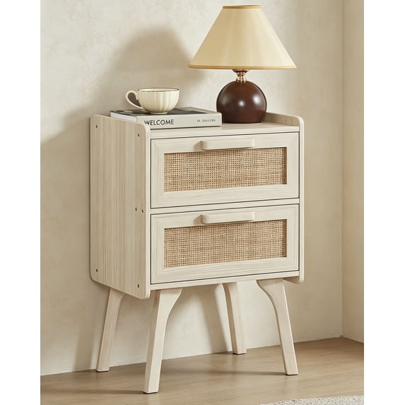 Rattan Nightstand, Boho End Table with 2 Drawers Bedroom Bedside Side Tables Grey White Night Stand for Living Room, Bedroom, Dorm Room Essentials