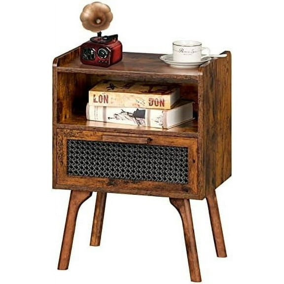 Rattan Nightstand, Boho Side Table with Drawer Open Shelf, Cane Accent Bedside End Table with Solid Wood Legs for Bedroom, Dorm and Small Spaces (Brown)
