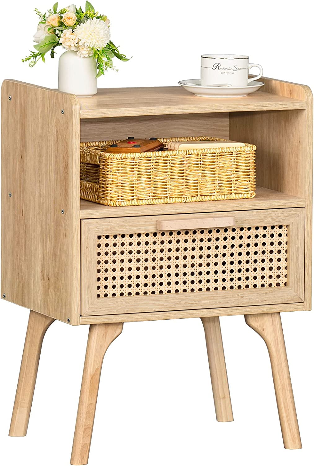 Rattan Nightstand, Boho Side Table with Drawer Open Shelf, Cane Accent Bedside End Table with ...
