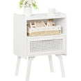thumbnail image 1 of Rattan Nightstand, Boho Side Table with Drawer Open Shelf, Cane Accent Bedside End Table with Solid Wood Legs for Bedroom, Dorm and Small Spaces (White), 1 of 8