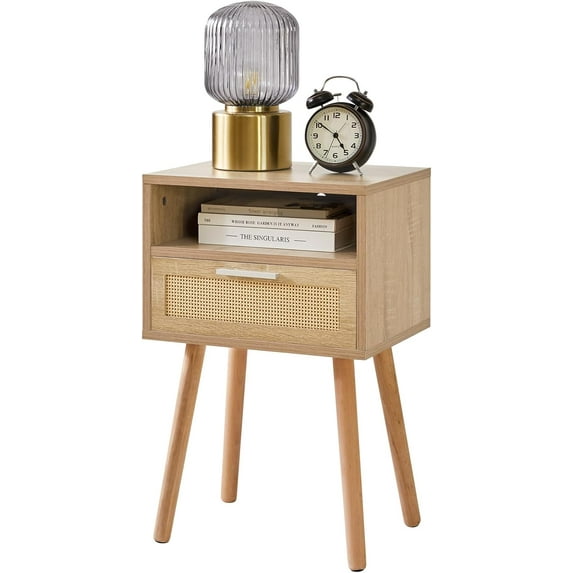 Rattan Nightstand, Boho Side Table with Drawer Open Shelf, Wood Accent Bedside Table, End Table with Legs for Bedroom, Living Room and Small Spaces,Natural