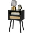 thumbnail image 1 of Rattan Nightstand, Boho Side Table with Drawer Open Shelf, Wood Accent Bedside Table, End Table with Legs for Bedroom, Living Room and Small Spaces, Black, 1 of 8
