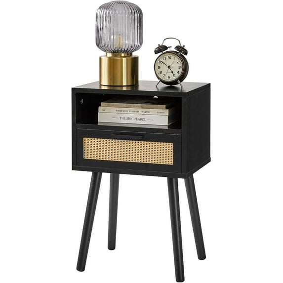 Rattan Nightstand, Boho Side Table with Drawer Open Shelf, Wood Accent Bedside Table, End Table with Legs for Bedroom, Living Room and Small Spaces, Black