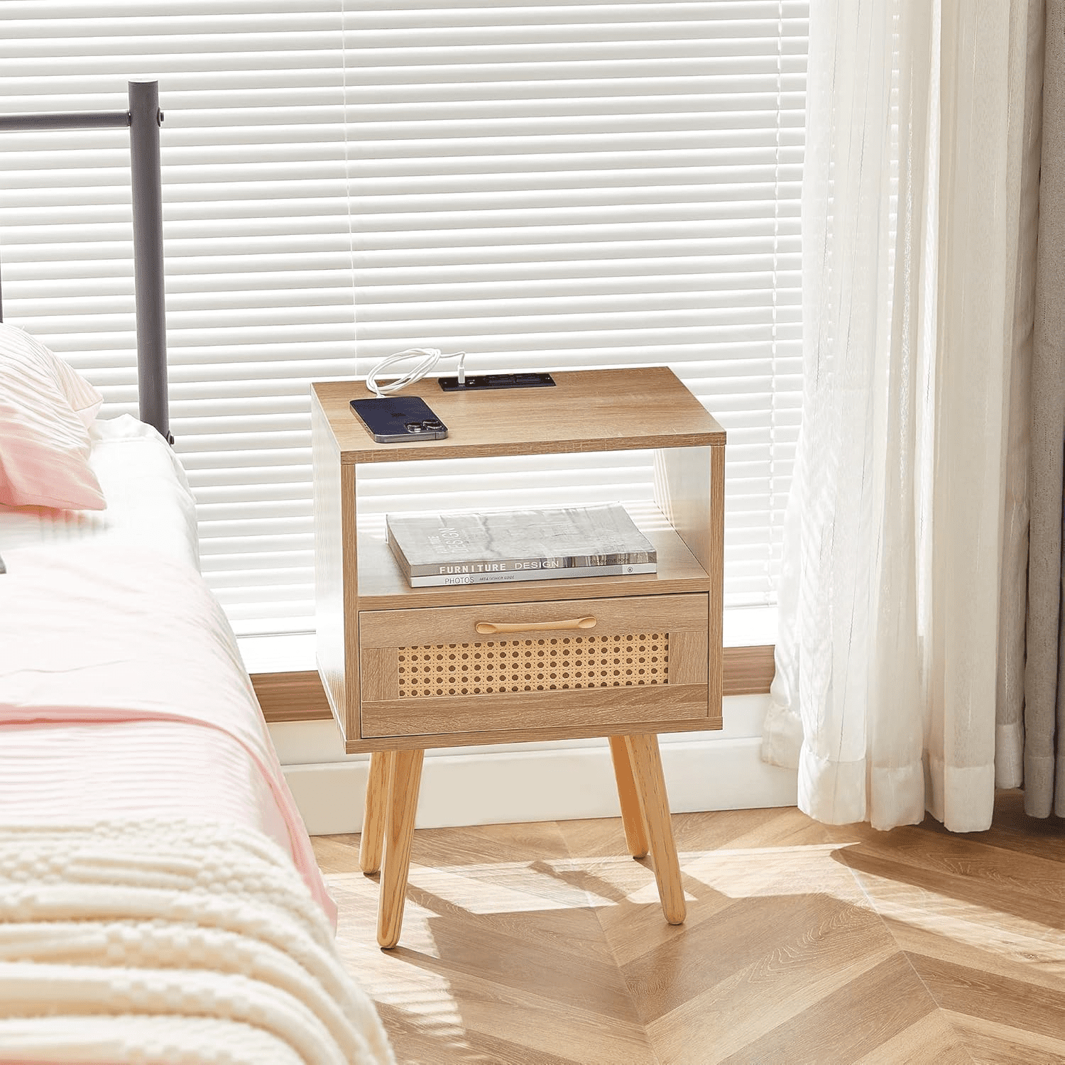 Rattan Nightstand Boho Side Table with Handmade Rattan Decorated Drawer Modern End Table for ...