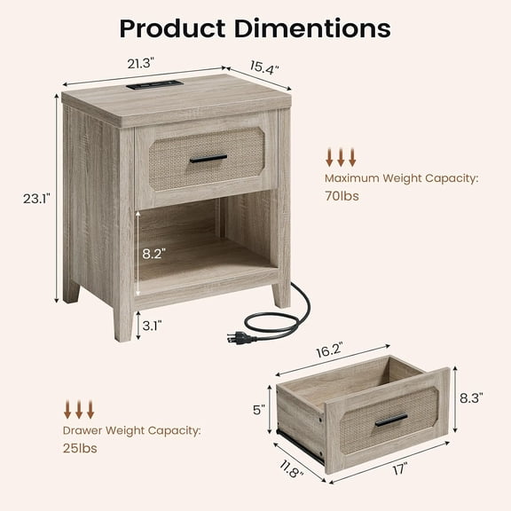 Rattan Nightstand with Charging Station, 22'' Wide Bedside Table with Drawer & Open Shelf,  Night Stand End Side Table with Storage for Bedroom, Grey Oak