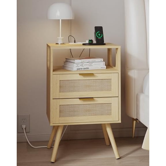 Rattan Nightstand with Charging Station,Farmhouse Bedside Table with 2 Storage Drawer and Open Wood Shelf, for Bedroom and Small Spaces,Night Stand with Solid Wood Legs (Yellow Oak-Outlet)