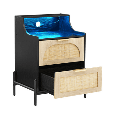 Rattan Nightstand with Charging Station and Led Light, Natural Wood Beside Table with 2 Rattan Decorated Drawer and Open Shelves, Modern Small End Table for Living Room, Bedroom, Hallway