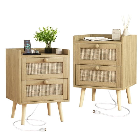 FANRAL Rattan Nightstand with Charging Station Set of 2,Rattan Boho able Bedroom Bedside Bedroom