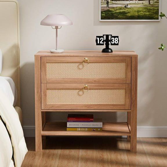 Rattan Nightstand with Drawers, Mid Century Modern Night Stand with Open Storage Shelf, Boho Bedside End Table, Wood Accent Bed Side Tables for Bedroom, Easy Assembly(Carbonwood)
