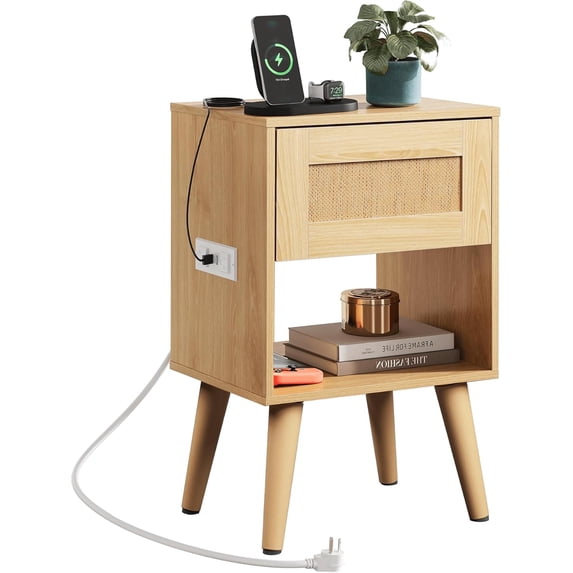 Rattan Nightstand Durable with Charging Station, Boho Night Stand, Small Bedroom Side Table