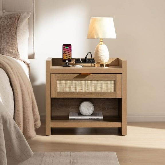Garvee Rattan Nightstand End Table -  Night Stand  Table with Type-C Charging Station. Wicker Decor Drawer Storage Cabinet Night Stand for Bedroom Walnut