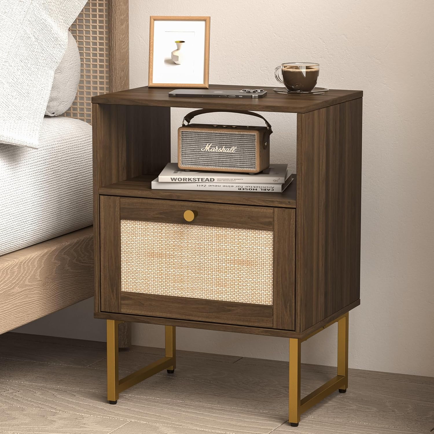 Rattan Nightstand,Farmhouse Bedside Table with Storage Drawer and Open ...
