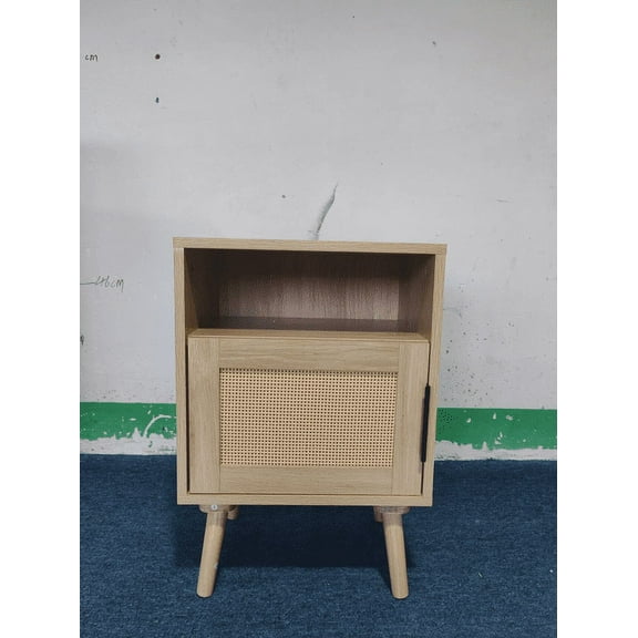 Rattan Nightstand with Hinged Door Storage & Open Shelf, Solid Wood Leg Bedside Table for Dorm Rooms & Compact Living Spaces, Oak Finish Accent End Table