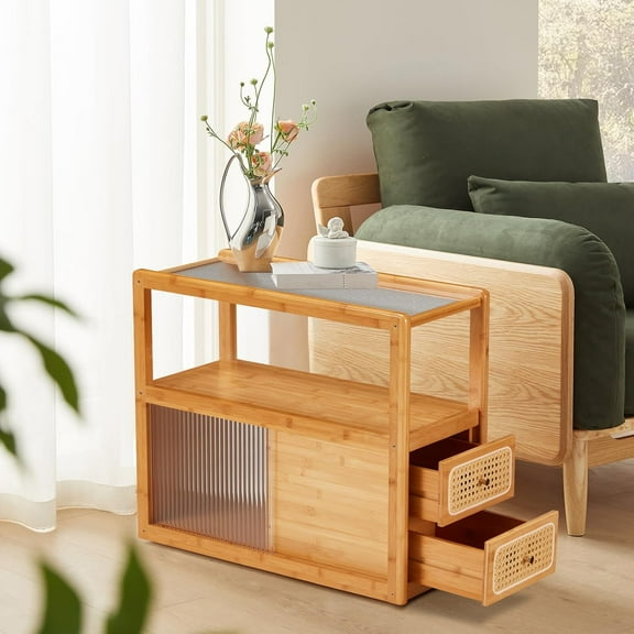 Rattan Nightstand, Mid Century Modern Boho Coffee Side End Table with 360 Degree Hidden Pulleys, Removable Tempered Glass Desktop, Strip Sliding Door & 2 Drawers, for Living Room & Bedside
