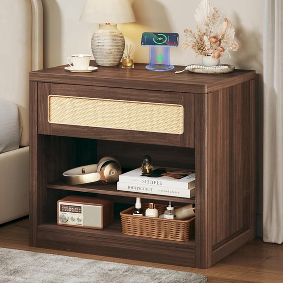 Rattan Nightstand, Night Stand with Wireless Charging, Mid Century Modern Bedside Table with Drawer & Open Shelf, Curved Profile Design, End Side Table with Storage for Bedroom, Living Room, Walnut