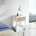 thumbnail image 1 of Rattan Nightstand Open Shelf with Drawer and Solid Wood Legs, Modern Wood Bedside Table for for Bedroom, Living Room, 21.65""(H) x 15.75""(L) x 15.75""(W) , MDF+Metal, 1 of 16