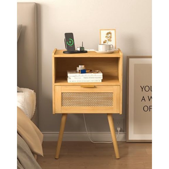 Rattan Nightstand with Outlet,Modern Bedside Table with Storage Drawer and Open Wood Shelf, for Living Room, Bedroom and Small Spaces, Accent Night Stand with Solid Wood Legs,Yellow Oak