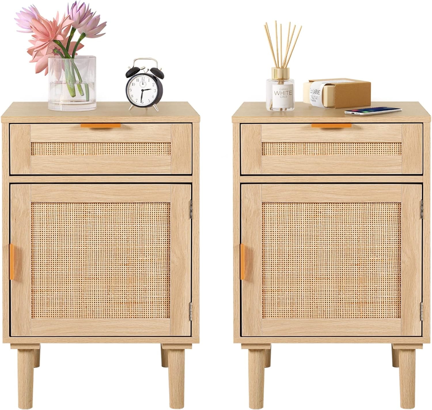 Rattan Nightstand Set of 2, Bedside Table with Drawers for Bedrooms, Wooden Storage End Tables