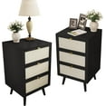 thumbnail image 1 of Rattan Nightstand Set of 2, End Table Rattan Bedside Table with Storage 3-Drawer Side Table with 3 Hand Made Rattan Decorated Drawers Wood Accent Table, Black 2 Pack, 1 of 5