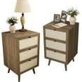thumbnail image 1 of Rattan Nightstand Set of 2, End Table Rattan Bedside Table with Storage 3-Drawer Side Table with 3 Hand Made Rattan Decorated Drawers Wood Accent Table, Walnut 2 Pack, 1 of 5