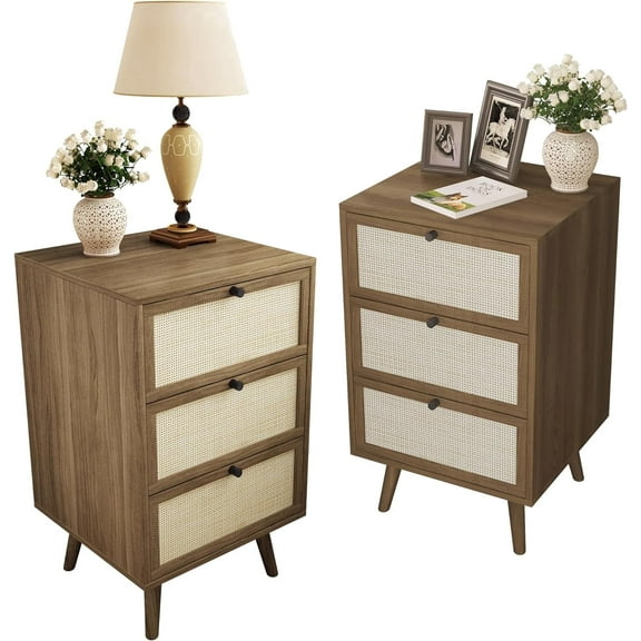 Rattan Nightstand Set of 2, End Table Rattan Bedside Table with Storage 3-Drawer Side Table with 3 Hand Made Rattan Decorated Drawers Wood Accent Table, Walnut 2 Pack