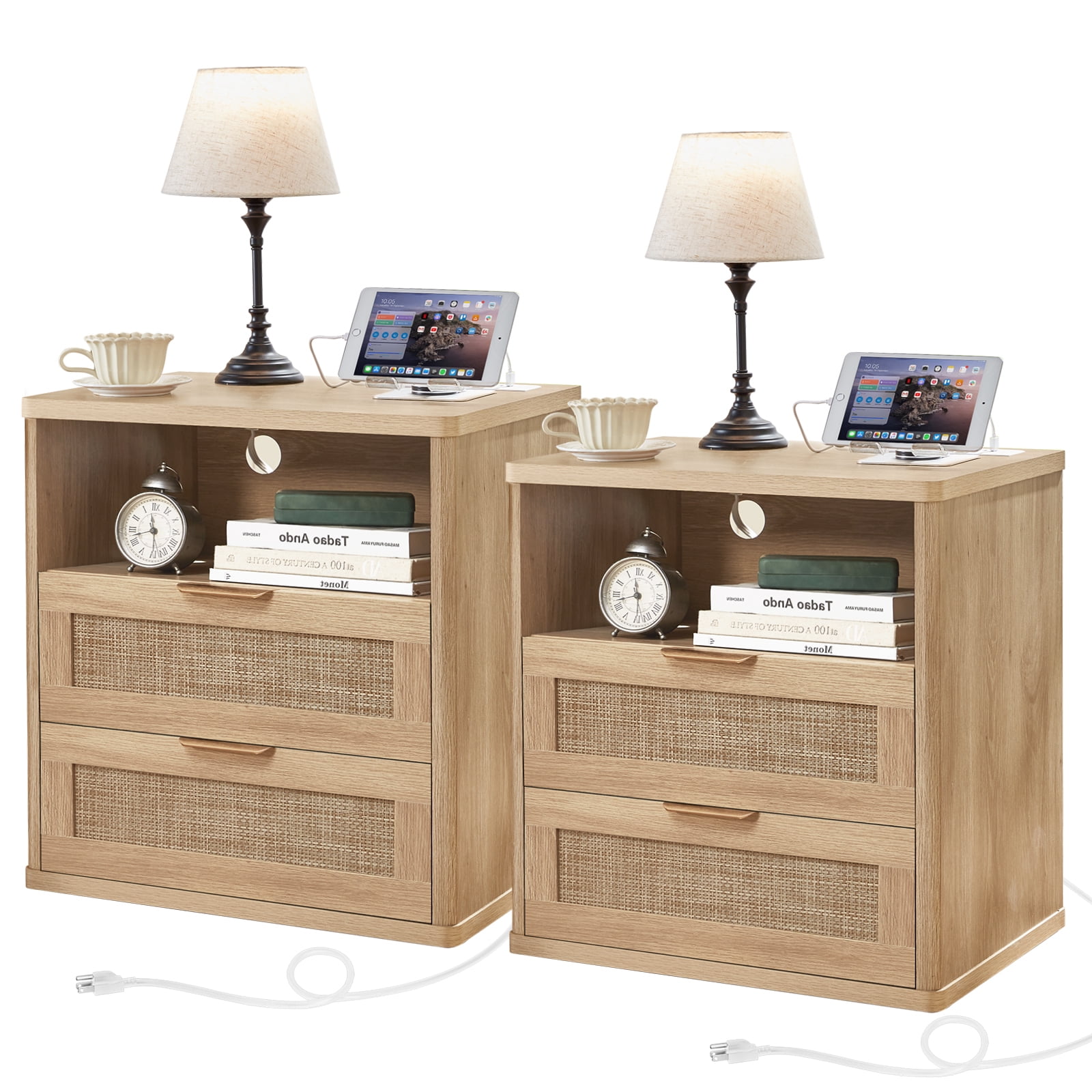 Rattan Nightstand Set of 2, Farmhouse Bedside Tables Night Stands with 2 Drawer and a Storage Shelf, Boho Side Tables for Living Room,Bedroom, Natural Wood