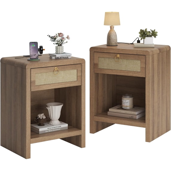 Rattan Nightstand Set of 2, Nightstand with Charging Station, Boho Bedside Table End Table with Drawer and Storage Shelf, Wood End Table Night Stand for Bedroom, Small Space