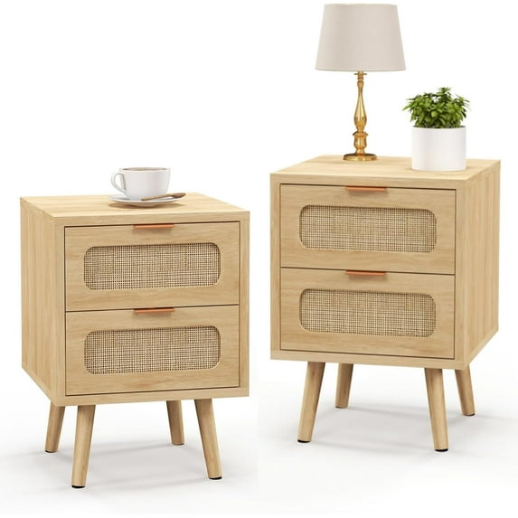 Rattan Nightstand Set of 2, Small Night Stand Bedside Table, Mid Century Modern Nightstand with 2 Drawer, Boho Natural Wood Side Table for Bedroom, Small Space, Light Oak