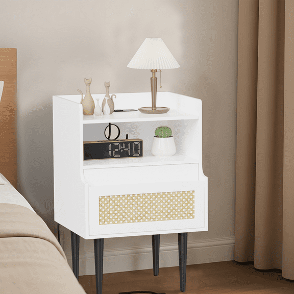 Rattan Nightstand Set of 2, Wooden End Table with Charging Station, Farmhouse Bedside Table with Storage Drawers, Modern Side Table for Bedroom, Living Room, White