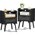 thumbnail image 1 of Rattan Nightstand with Charging Station Set of 2, Bedside Tables Night Stands with Drawer and Storage Shelf, Boho Side Tables for Living Room,Bedroom, Black, 1 of 6