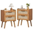 thumbnail image 1 of Rattan Nightstand Set of 2, Boho Bedside Table with 2 Drawers, End Table Nightstand with Solid Wood Legs, for Bedroom, Study & Living Room, Brown, 1 of 8
