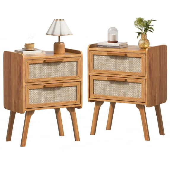 Rattan Nightstand Set of 2, Boho Bedside Table with 2 Drawers, End Table Nightstand with Solid Wood Legs, for Bedroom, Study & Living Room, Brown