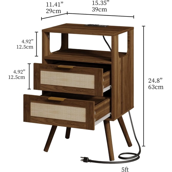 Rattan Nightstand with Charging Station Farmhouse Bedside Table Storage Drawer Open Shelf for Bedroom Small Spaces Walnut Brown