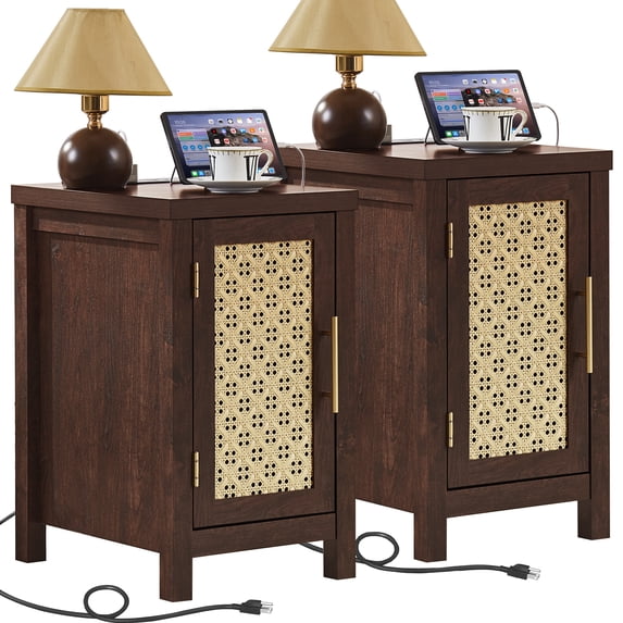 Rattan Nightstand Set of 2 with Charging Station, Farmhouse Bedside Tables Night Stands with Cabinet, Walnut Side Tables for Bedroom, Living Room