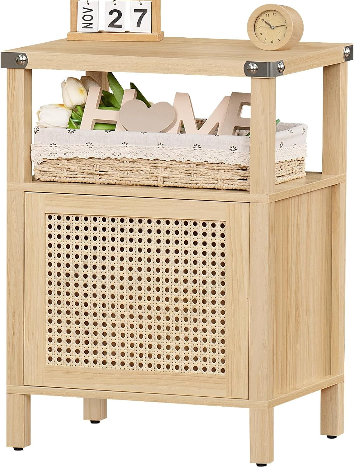 Bme Oliver Solid Wood Rattan Nightstand – Fully Assembled, Mid-Century Style, Caramel Finish 3 thumbnail image