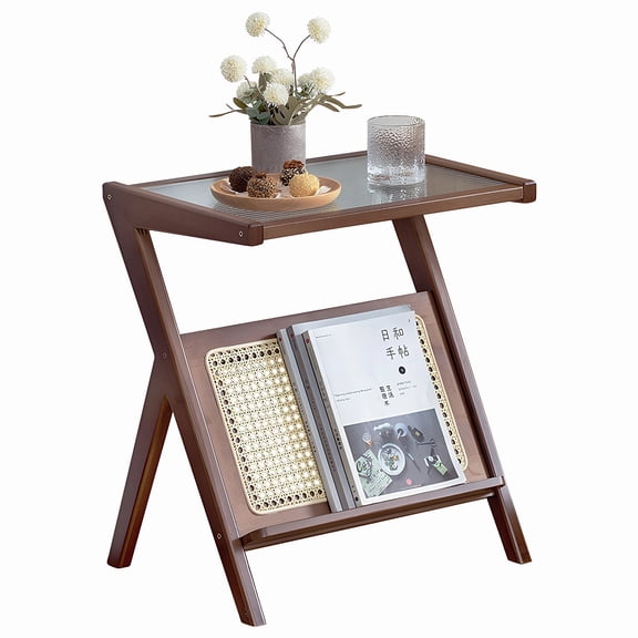 Rattan Nightstand Side Table, Bamboo Accent Bedside Tables, Glass Coffee Tables, Boho End Table with Storage for Small Space Living Room Bedroom, Brown
