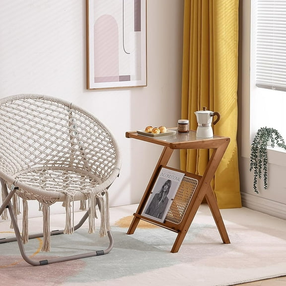 Rattan Nightstand Side Table, Bamboo Accent Bedside Tables, Glass Coffee Tables, Boho Wooden End Table with Storage for Small Space, Living Room and Bedroom