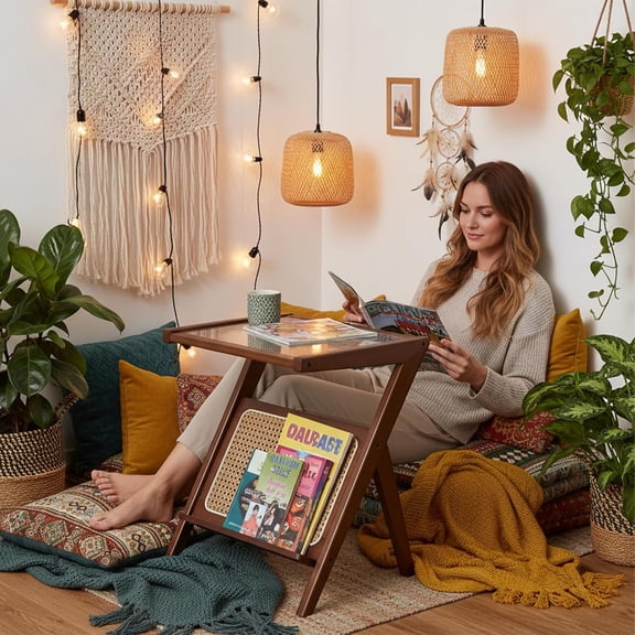 Rattan Nightstand Side Table, Bamboo Accent Bedside Tables, Glass Coffee Tables, Boho Wooden End Table with Storage for Small Space, Living Room and Bedroom