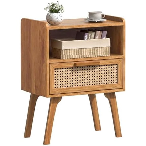 Rattan Nightstand, Side Table with Drawer Open Shelf, Cane Accent Bedside End Table with Solid Wood Legs, Mid Century Modern Night Stand for Bedroom, Dorm and Small Spaces (Tea Brown)